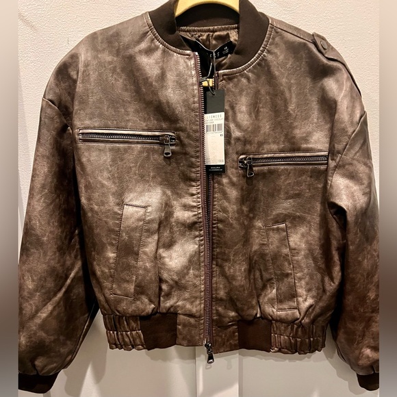 NWT XS Lioness Casey Distressed Black/Brown Faux Leather Oversized Bomber Jacket - Picture 3 of 5
